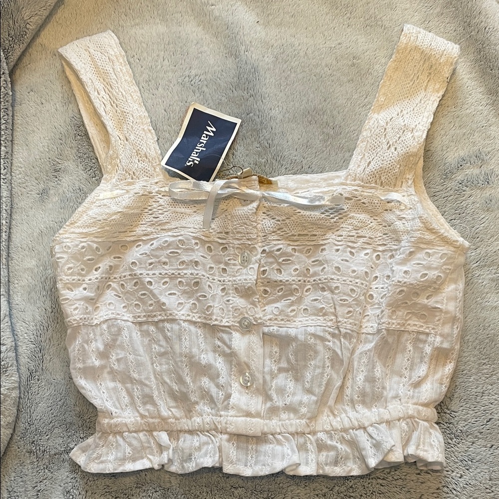 White Cotton Eyelet Lace Crop Top